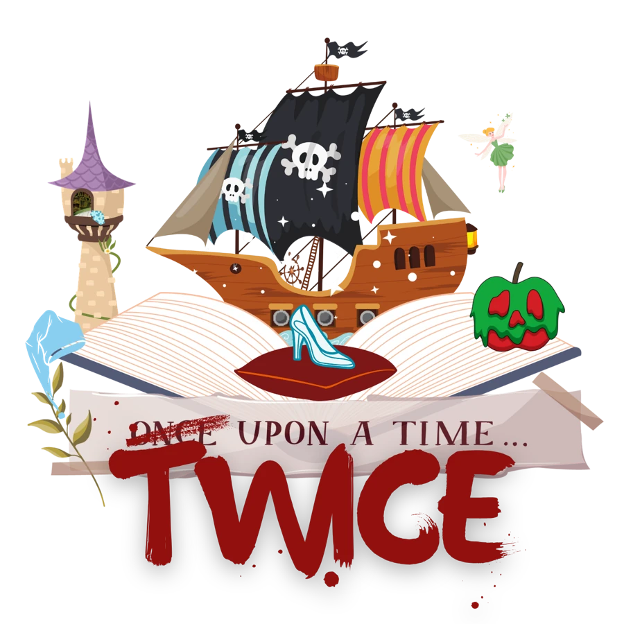 The Twice Upon a Time show logo: a pirate ship sailing out of an open storybook, with a glass slipper, a tower, and a poison apple